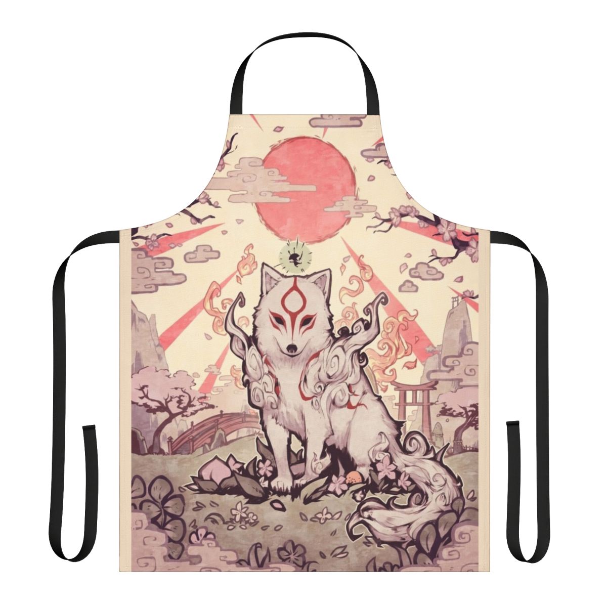 Fluffy divine apron featuring a wolf/goddess design, ideal for cooking and baking.