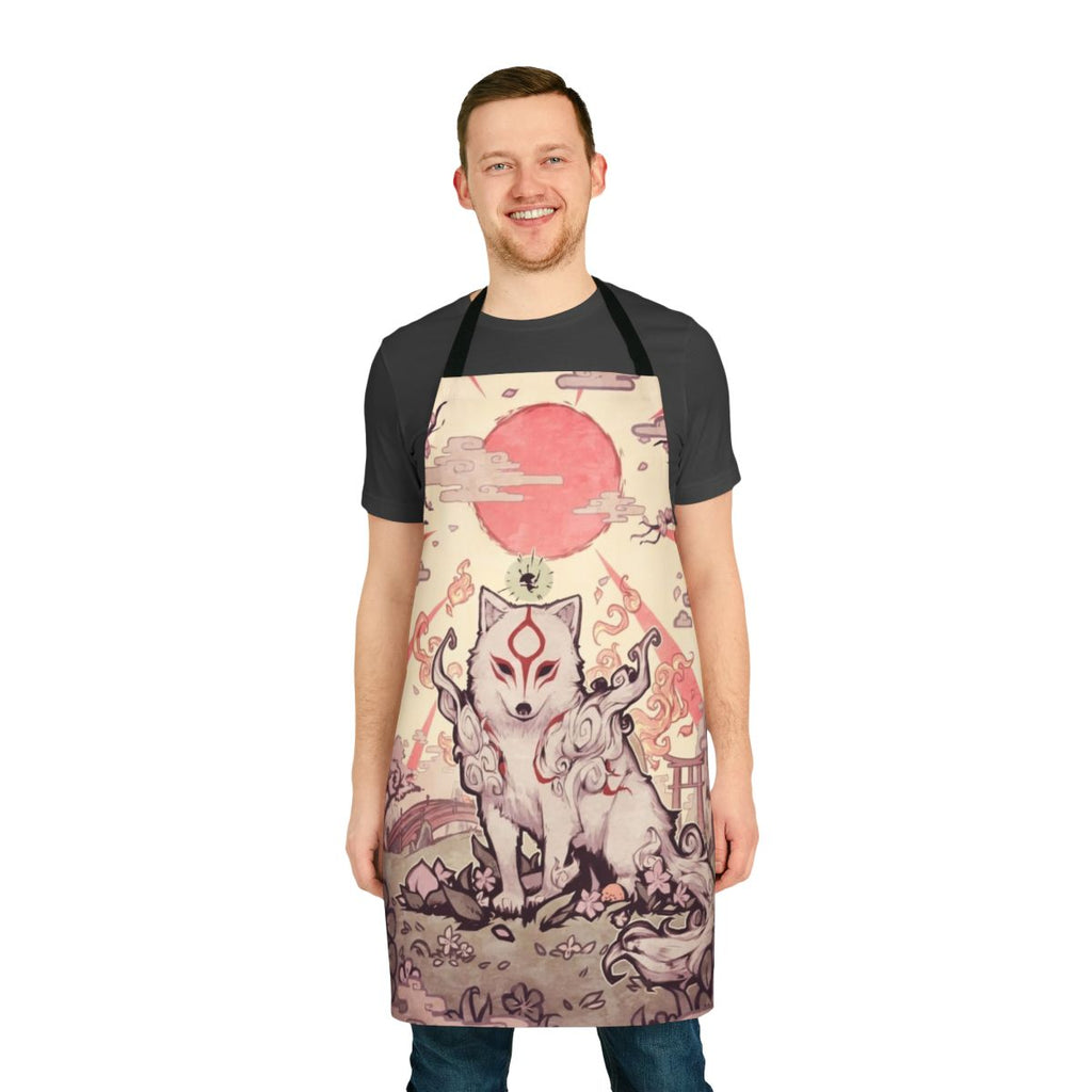 Fluffy divine apron featuring a wolf/goddess design, ideal for cooking and baking.