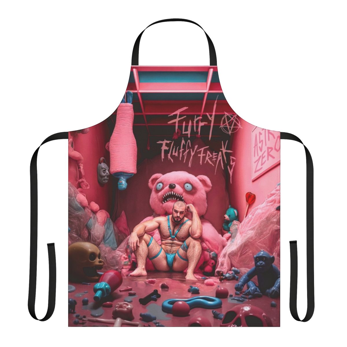 A fluffy, furry-inspired unisex apron with a bold, artistic design for LGBTQ+ fans