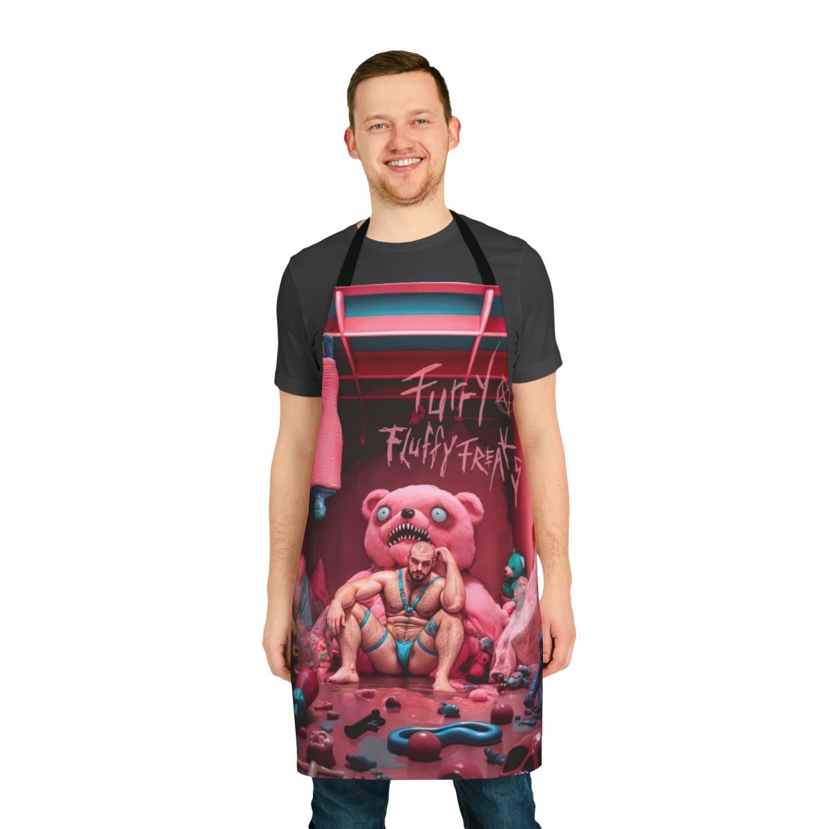 A fluffy, furry-inspired unisex apron with a bold, artistic design for LGBTQ+ fans