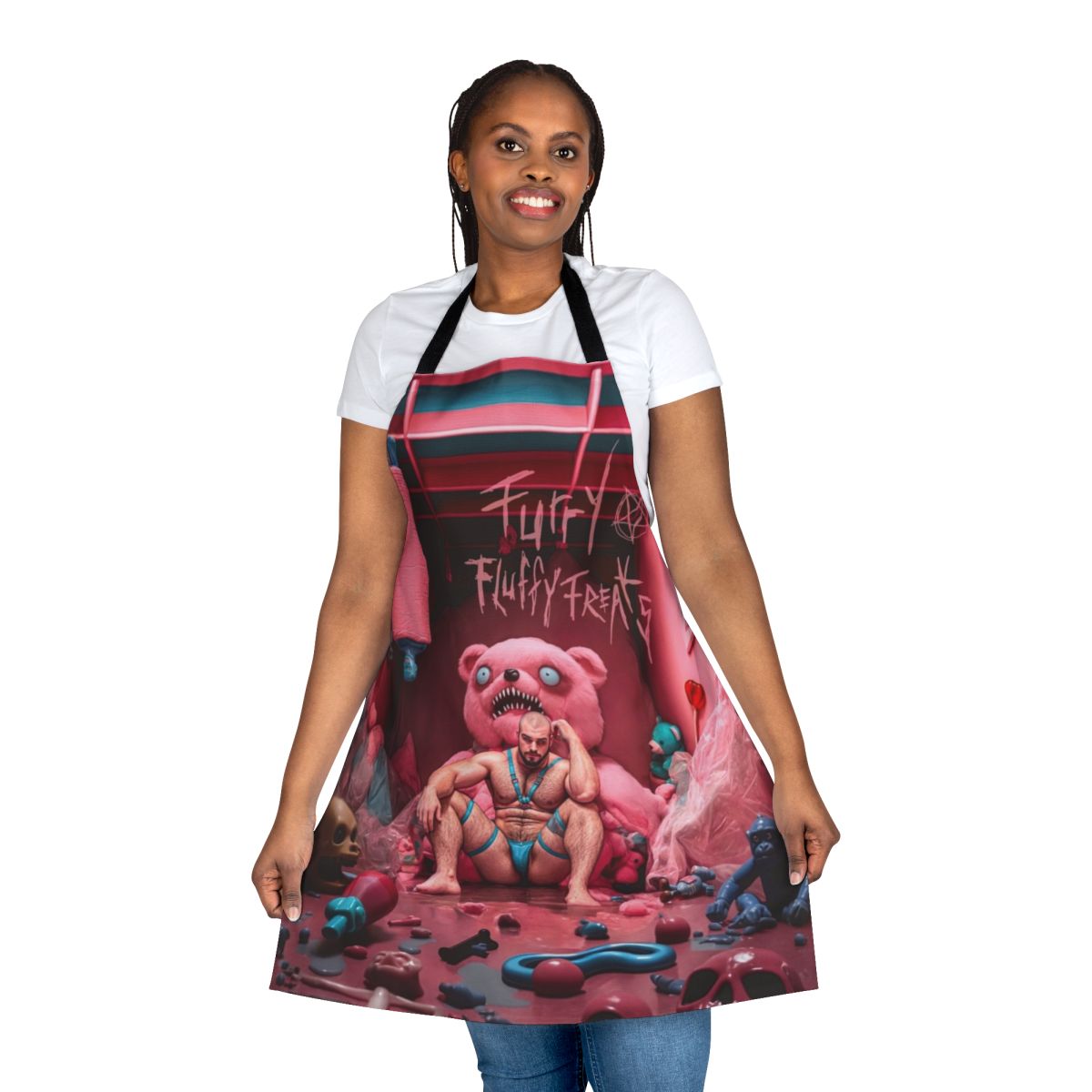 A fluffy, furry-inspired unisex apron with a bold, artistic design for LGBTQ+ fans