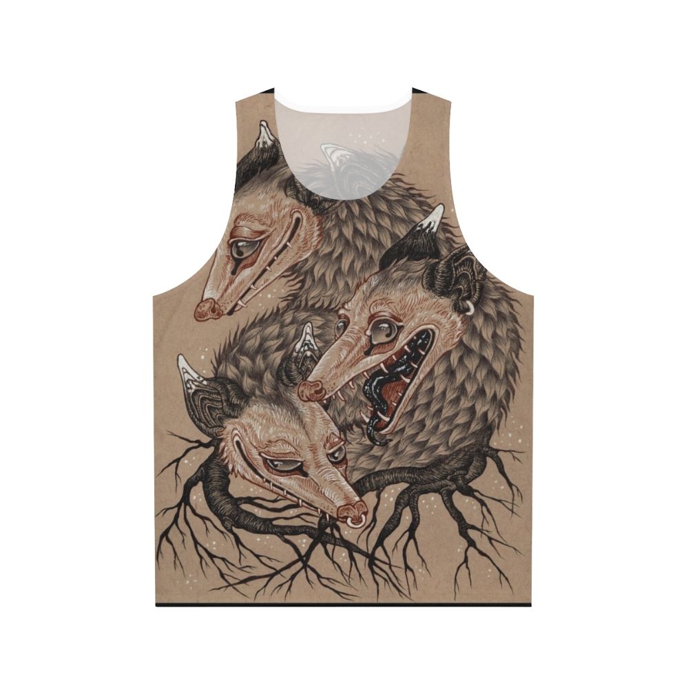 Fluffy opossum unisex tank top with surreal nature design