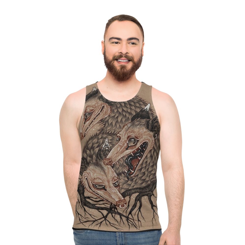 Fluffy opossum unisex tank top with surreal nature design