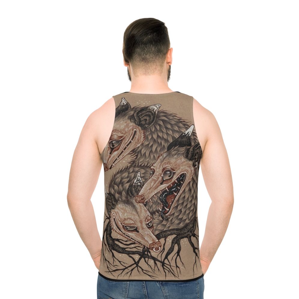 Fluffy opossum unisex tank top with surreal nature design