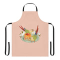 A green conure bird printed on a white apron with a pancake breakfast design