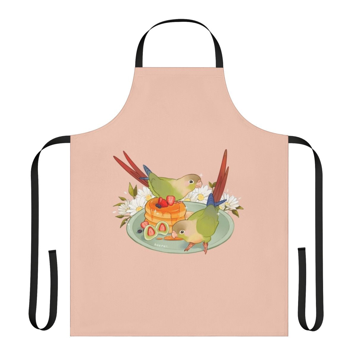 A green conure bird printed on a white apron with a pancake breakfast design