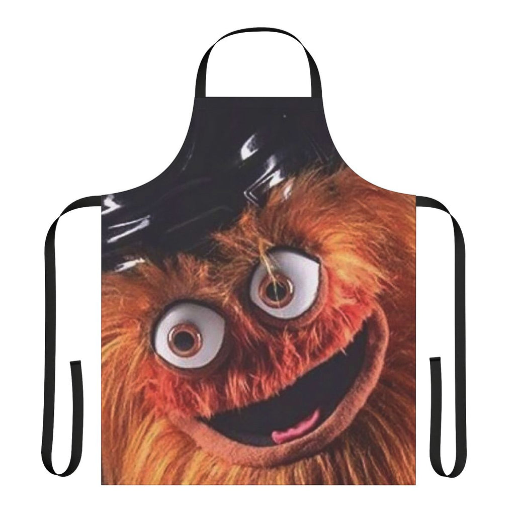 An orange apron featuring the Philadelphia Flyers' quirky mascot, Gritty, with a bold and humorous design.