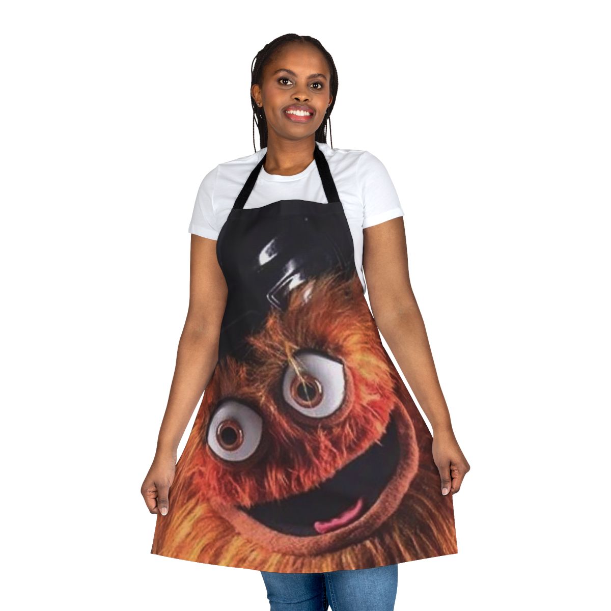 An orange apron featuring the Philadelphia Flyers' quirky mascot, Gritty, with a bold and humorous design.