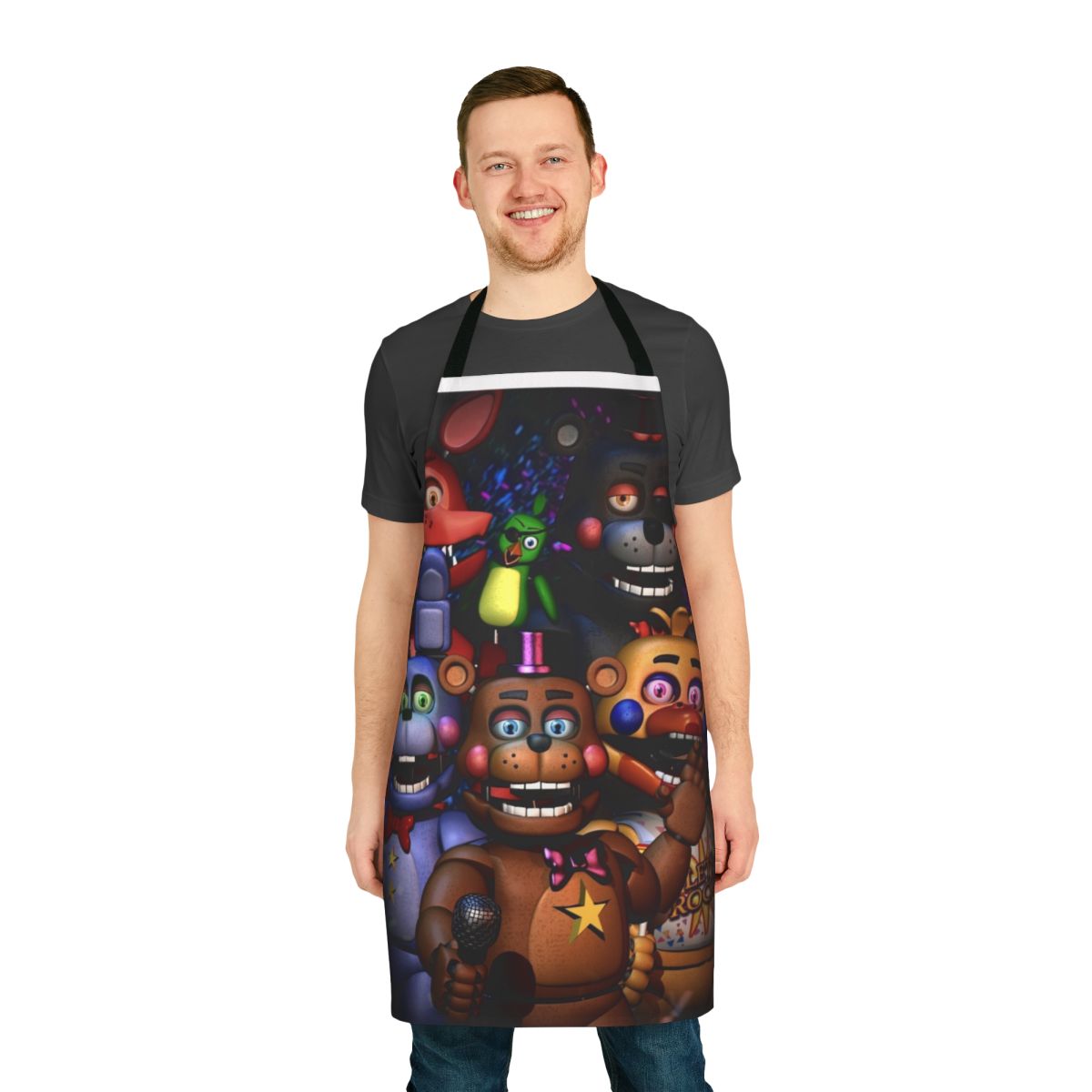 Fnaf Security Breach-themed apron with Freddy Fazbear, Vanny, and other characters