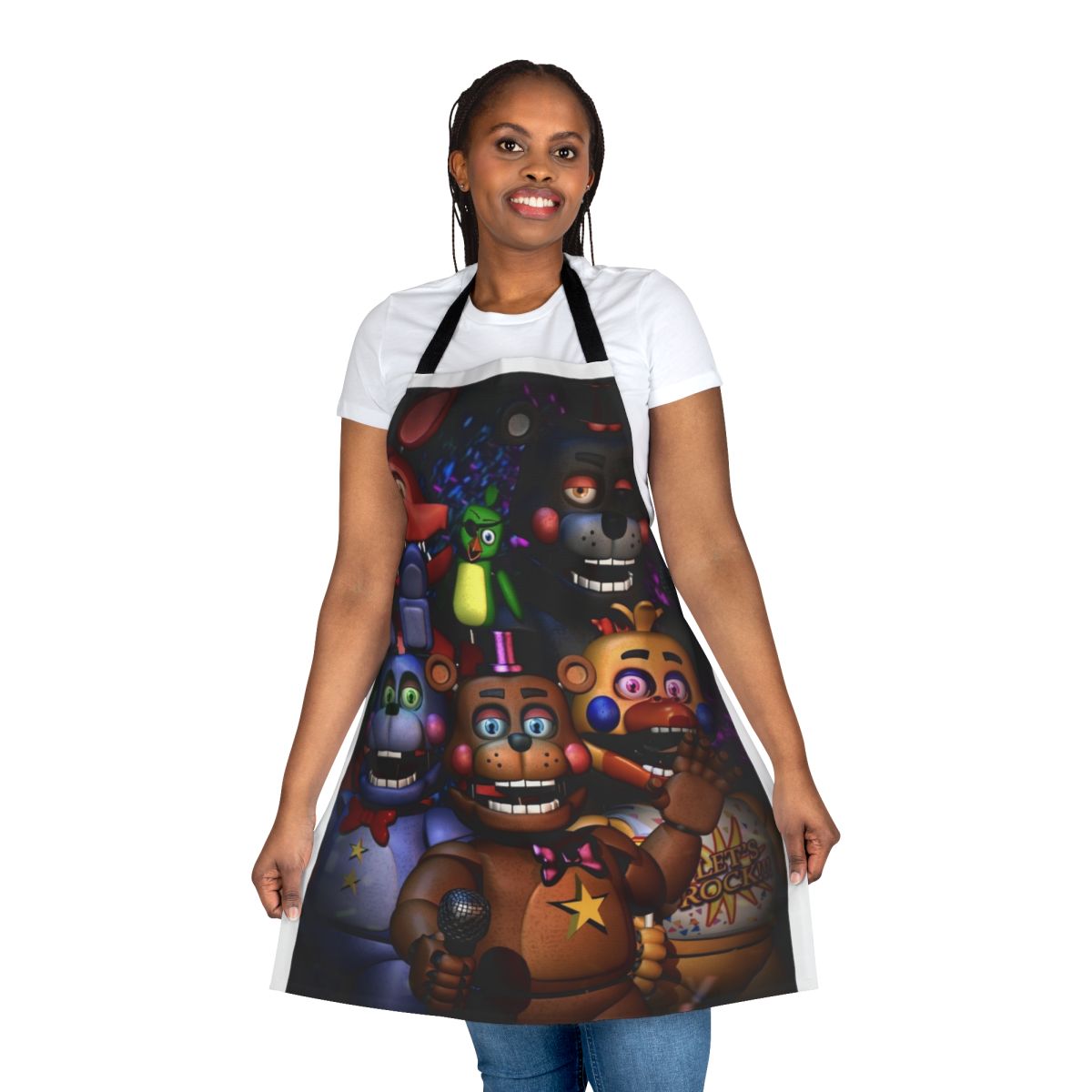 Fnaf Security Breach-themed apron with Freddy Fazbear, Vanny, and other characters