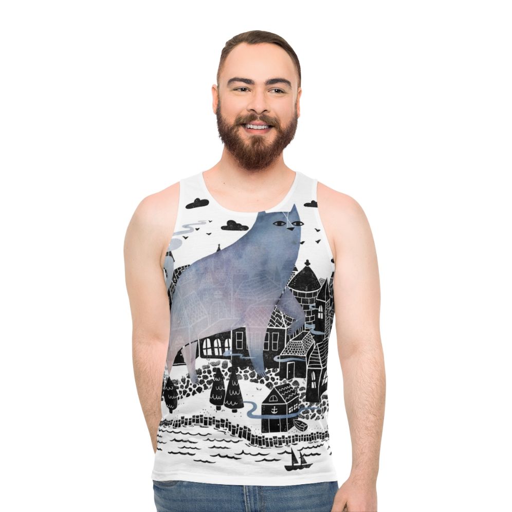 Fog Unisex Tank Top with Watercolor Cityscape