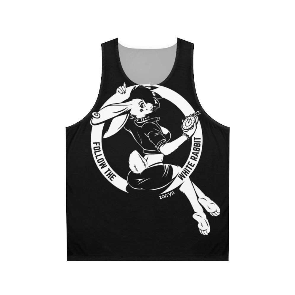 Unisex tank top with psychedelic "Follow the White Rabbit" Alice in Wonderland design
