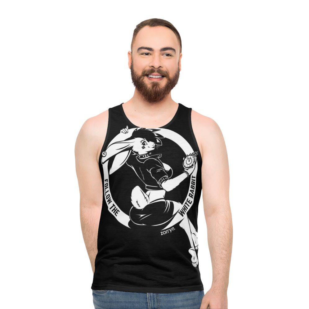 Unisex tank top with psychedelic "Follow the White Rabbit" Alice in Wonderland design