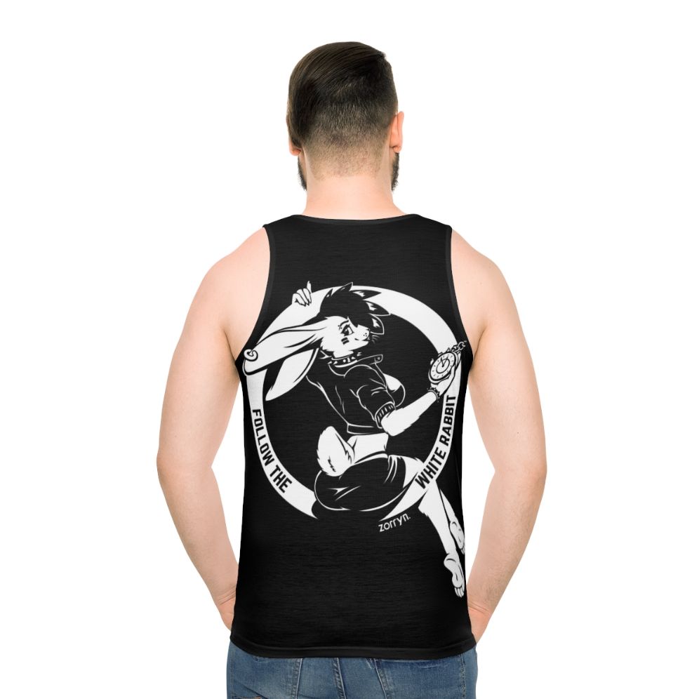 Unisex tank top with psychedelic "Follow the White Rabbit" Alice in Wonderland design