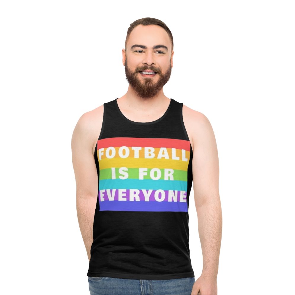 Unisex football tank top with "Football Is For Everyone" graphic
