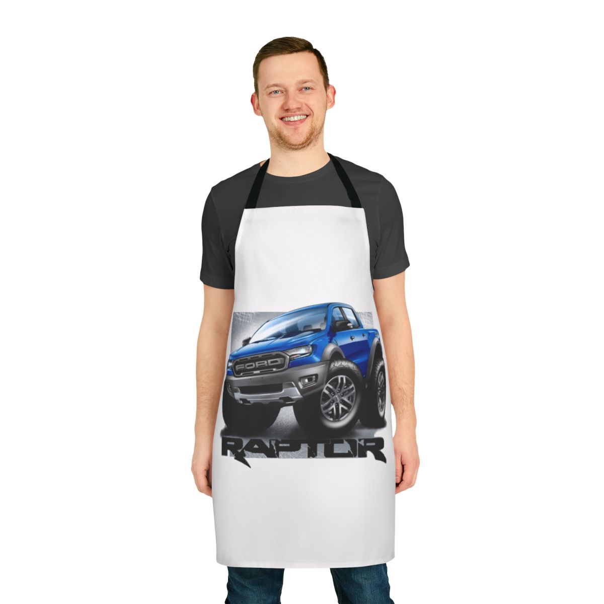 Ford Ranger Raptor-inspired cartoon truck graphic printed on a high-quality kitchen or workshop apron