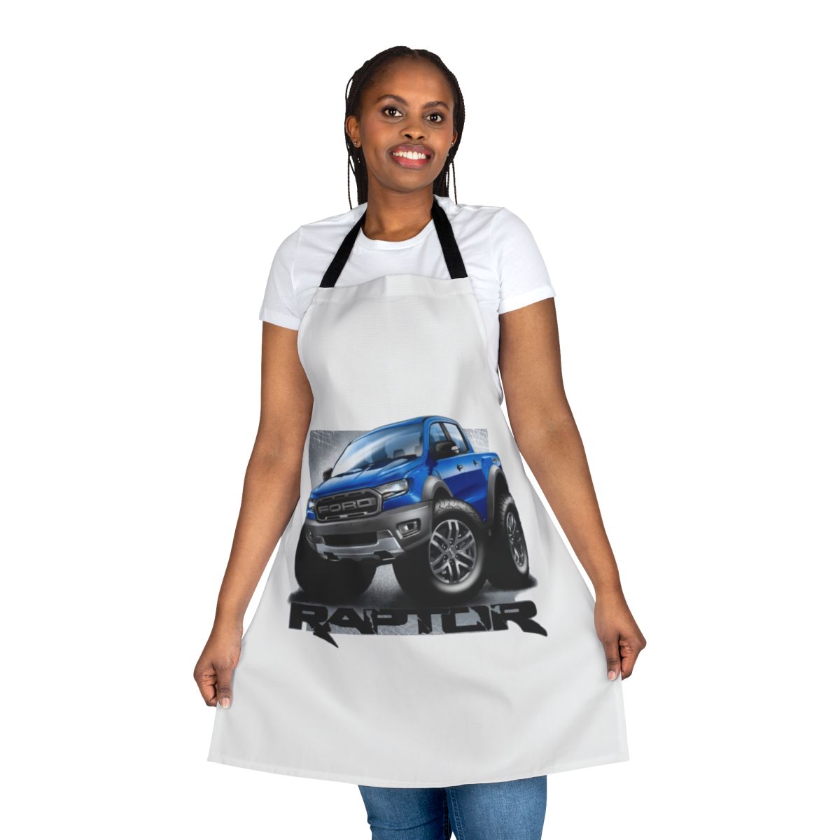 Ford Ranger Raptor-inspired cartoon truck graphic printed on a high-quality kitchen or workshop apron