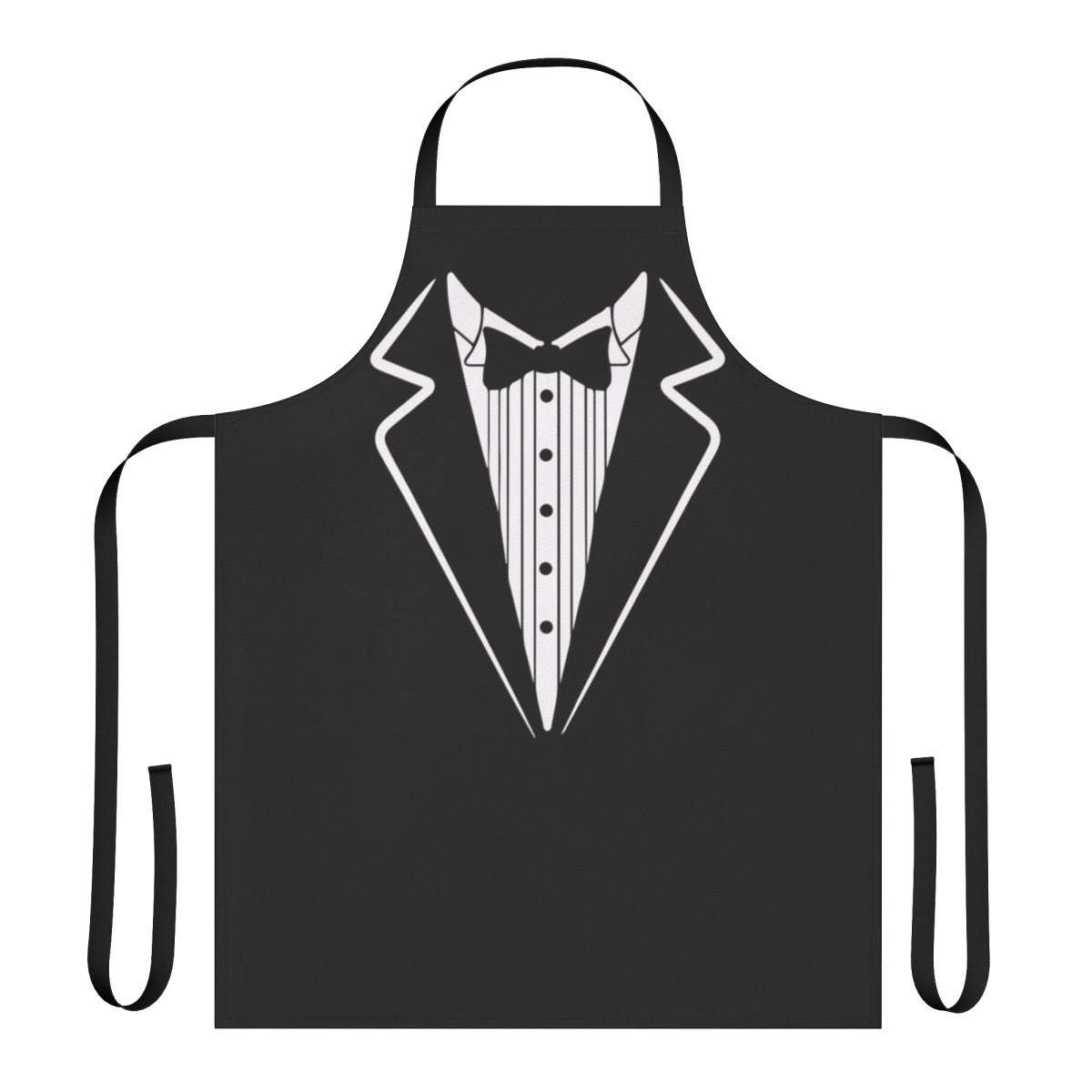 Man wearing a tuxedo t-shirt apron with a bow tie