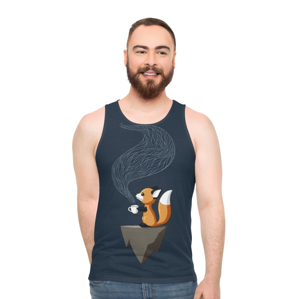 Unisex tank top with a cute, smiling fox design surrounded by herbal tea cups