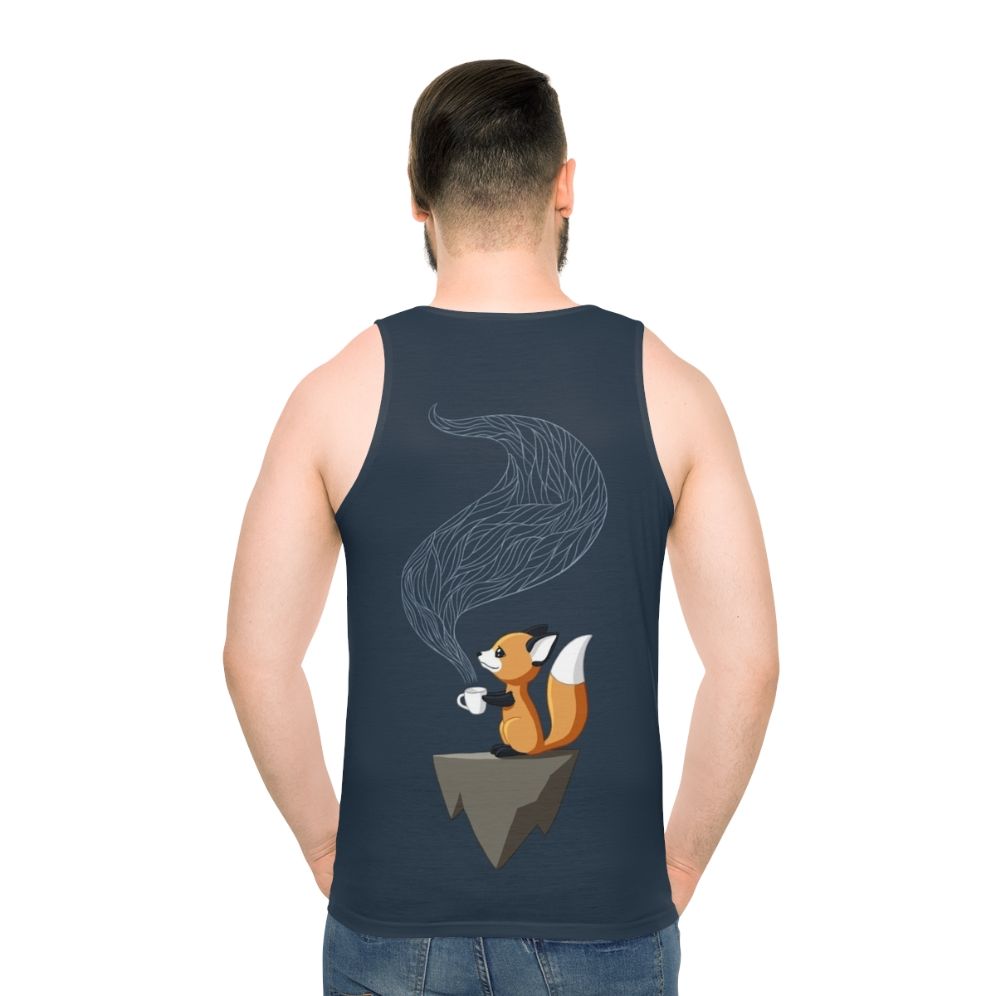 Unisex tank top with a cute, smiling fox design surrounded by herbal tea cups
