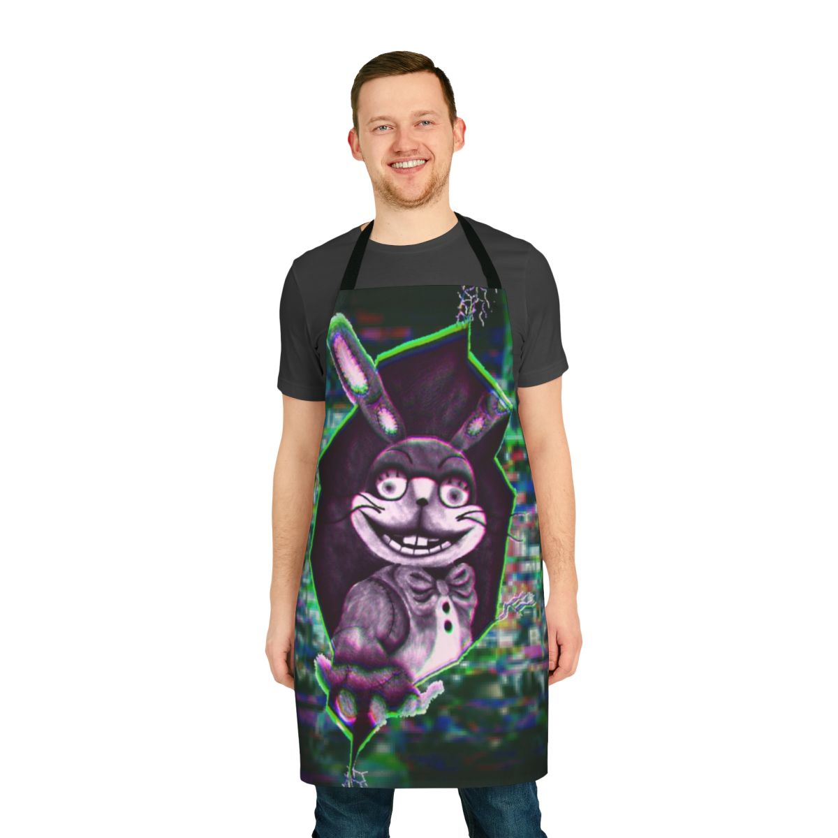A custom apron featuring the character Glitchtrap from the Five Nights at Freddy's video game series.