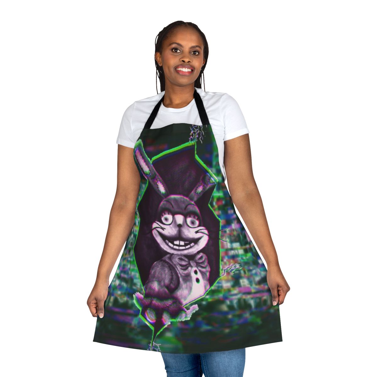 A custom apron featuring the character Glitchtrap from the Five Nights at Freddy's video game series.
