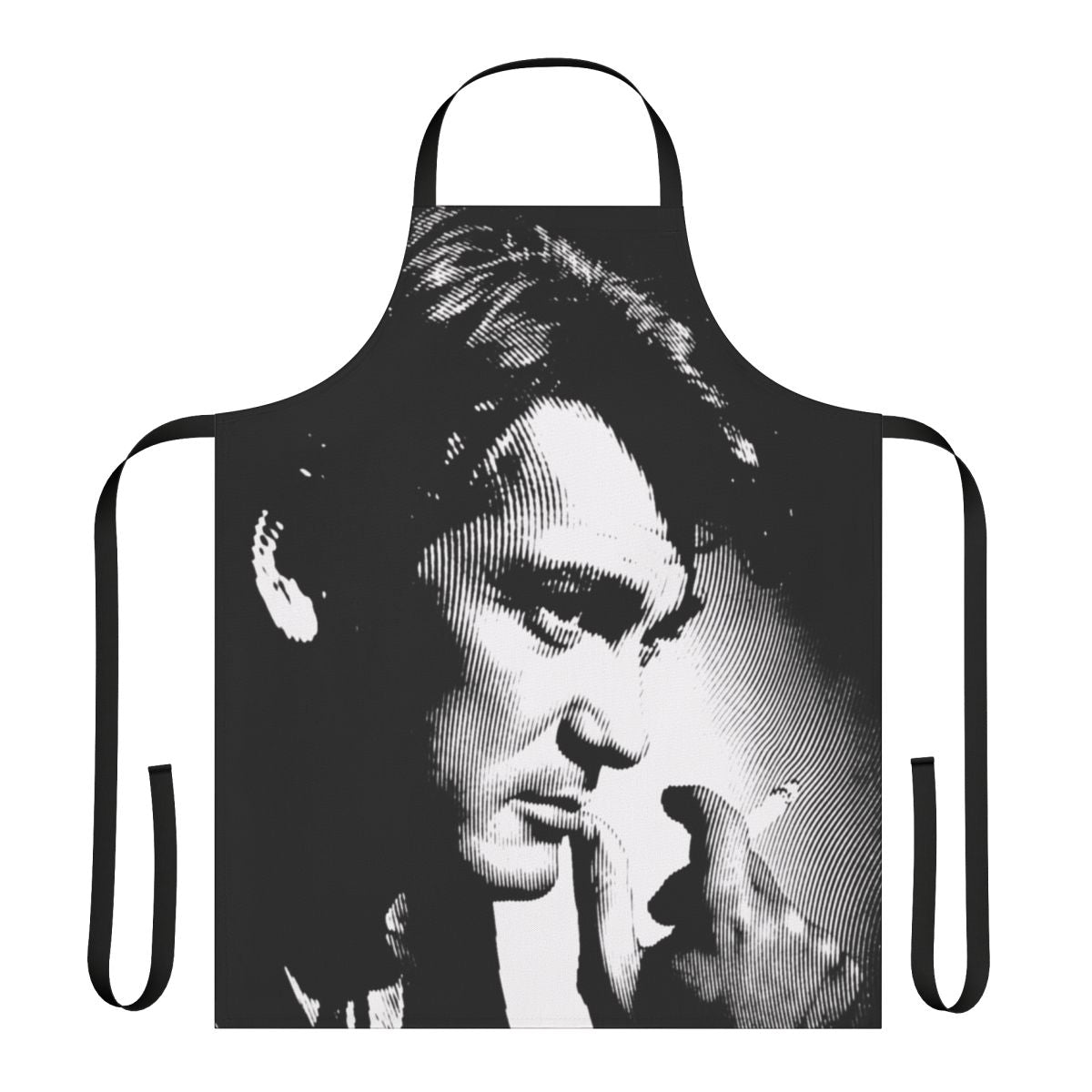 Black and white linocut portrait of French actor Jean Marais on an apron.