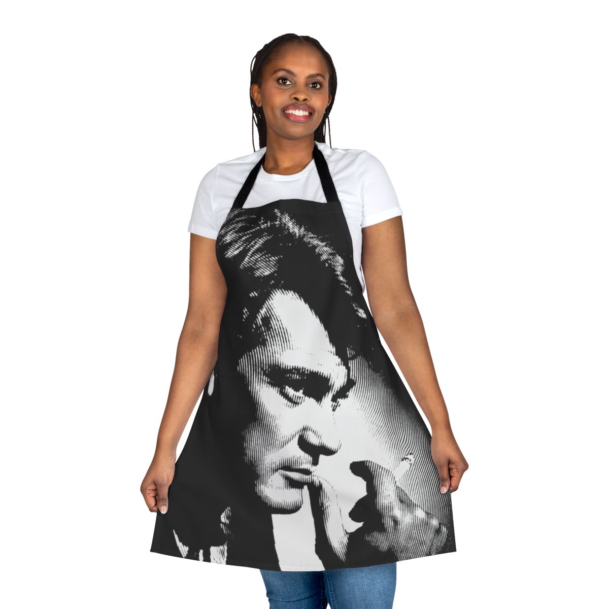 Black and white linocut portrait of French actor Jean Marais on an apron.