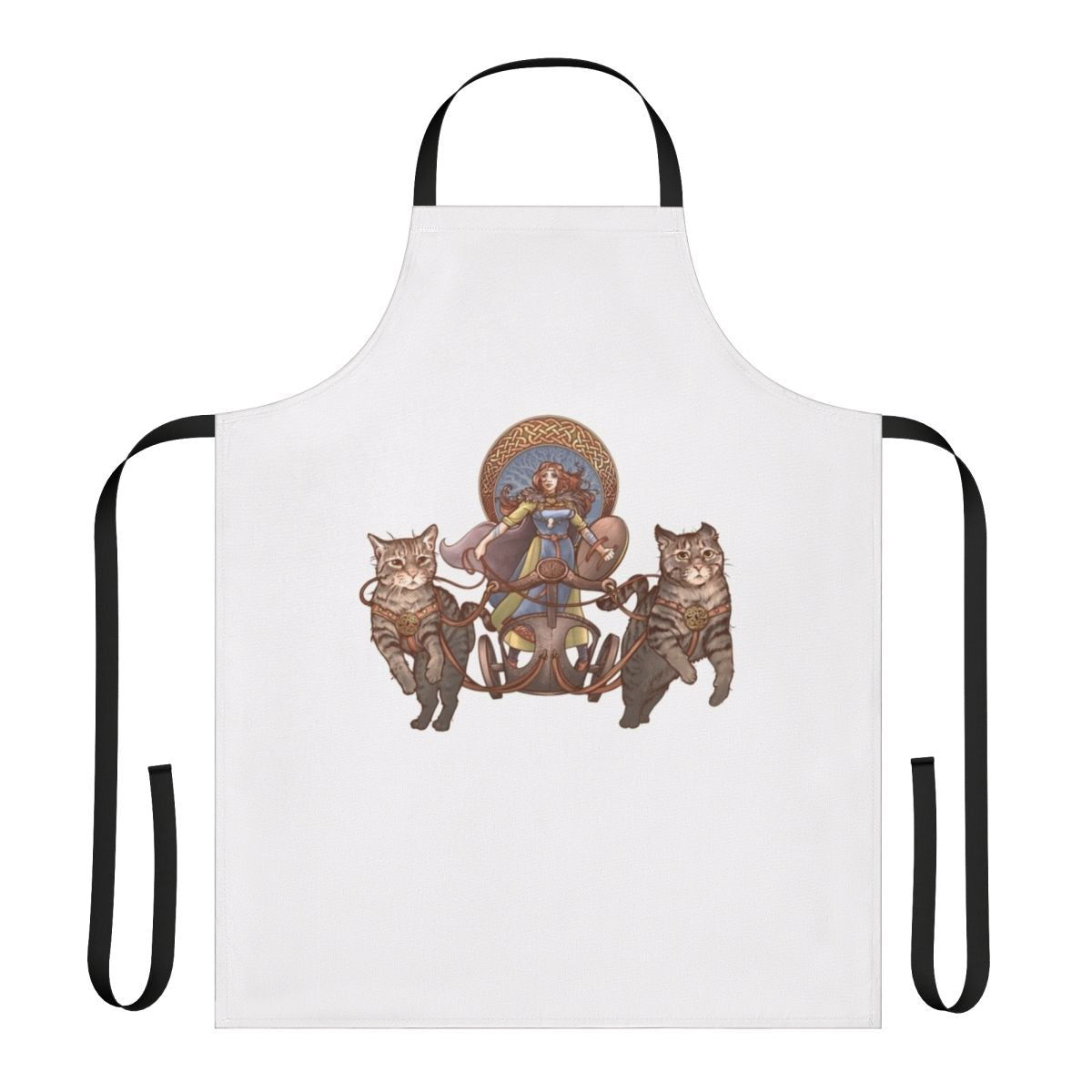 Apron featuring artwork of the Norse goddess Freya riding a chariot pulled by cats