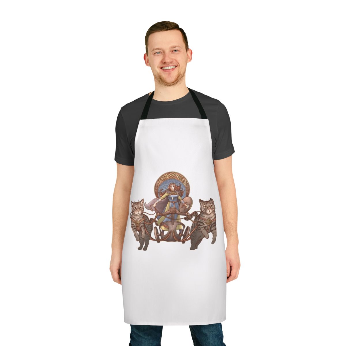 Apron featuring artwork of the Norse goddess Freya riding a chariot pulled by cats