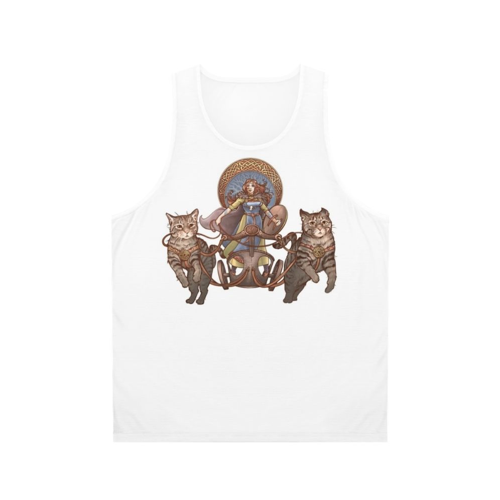 Freya, the Norse Goddess of Cats, riding her cat-drawn chariot