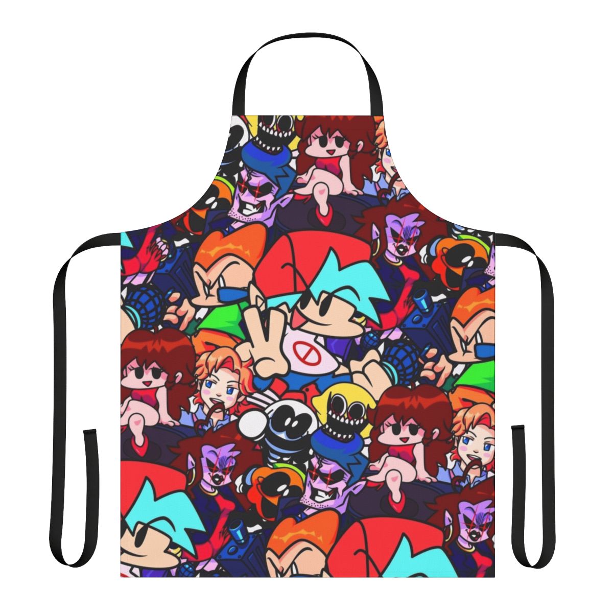 A collage-style apron featuring characters and elements from the retro-inspired rhythm game Friday Night Funkin'.