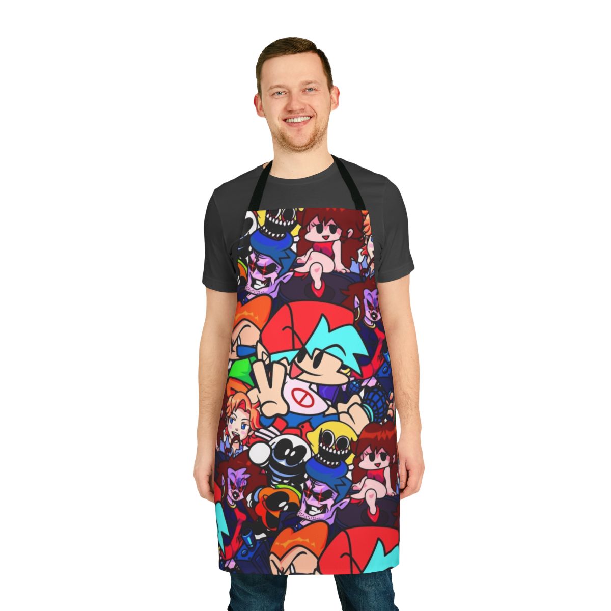 A collage-style apron featuring characters and elements from the retro-inspired rhythm game Friday Night Funkin'.
