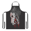 A black apron with a frightening horror-inspired design featuring wolves, teeth, and blood.