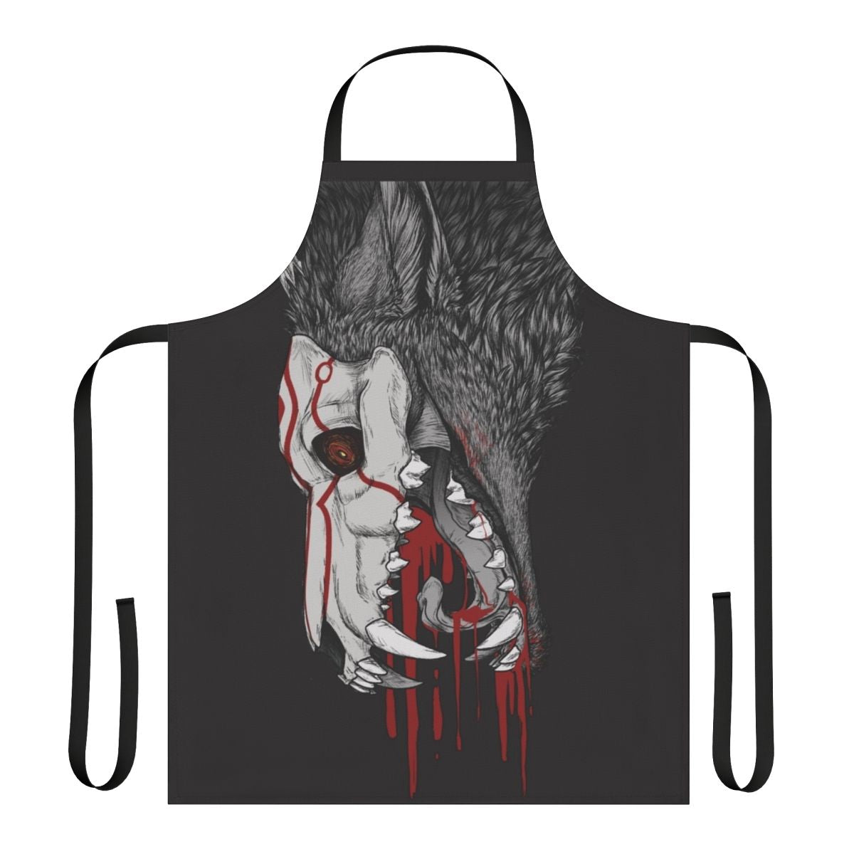A black apron with a frightening horror-inspired design featuring wolves, teeth, and blood.