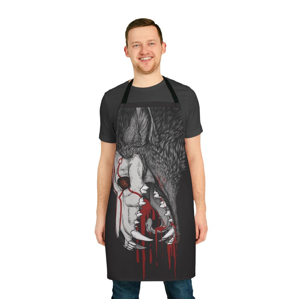 A black apron with a frightening horror-inspired design featuring wolves, teeth, and blood.