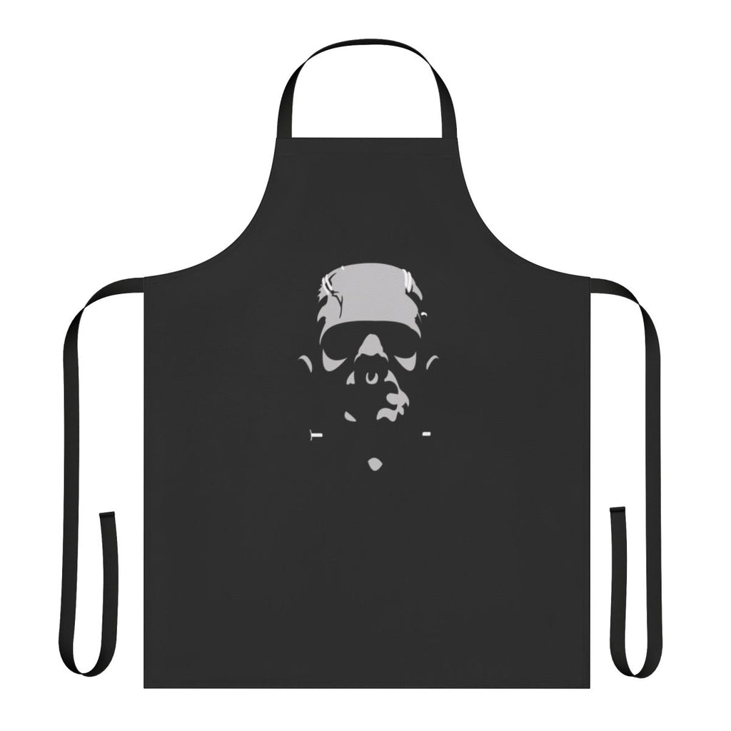A black and white apron with a Frankenstein monster graphic, perfect for fans of classic horror movies.