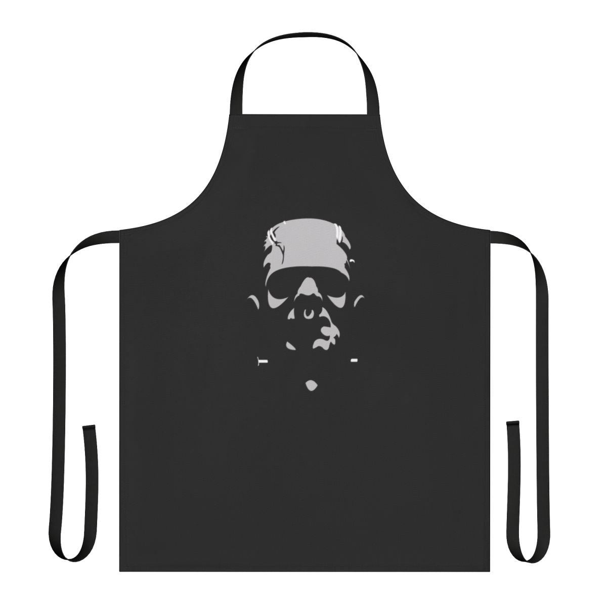 A black and white apron with a Frankenstein monster graphic, perfect for fans of classic horror movies.
