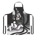 Illustration of Kayako Saeki, the terrifying ghost from the "Ju-On" horror franchise, featured on a black and white apron
