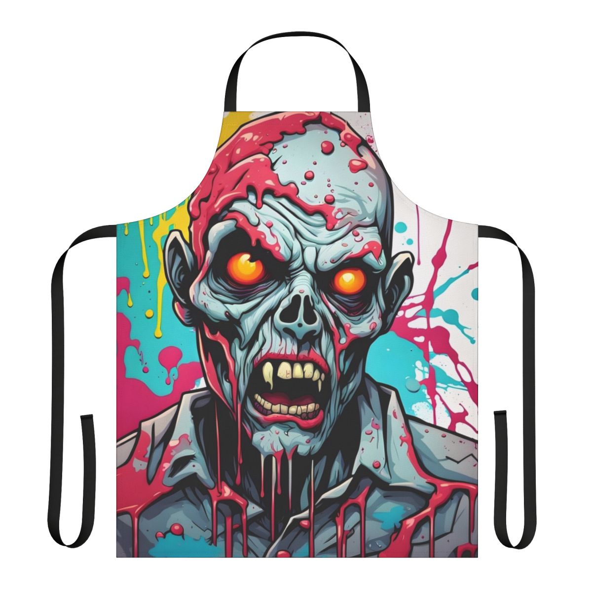 A colorful and creepy zombie-themed apron with a dripping paint effect, perfect for the horror enthusiast.