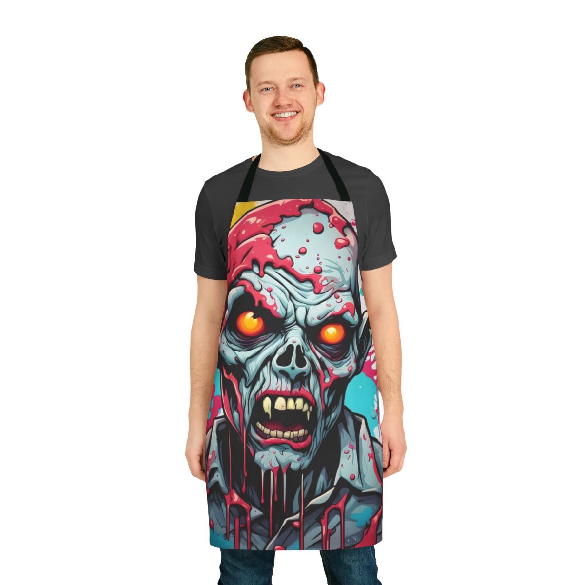 A colorful and creepy zombie-themed apron with a dripping paint effect, perfect for the horror enthusiast.