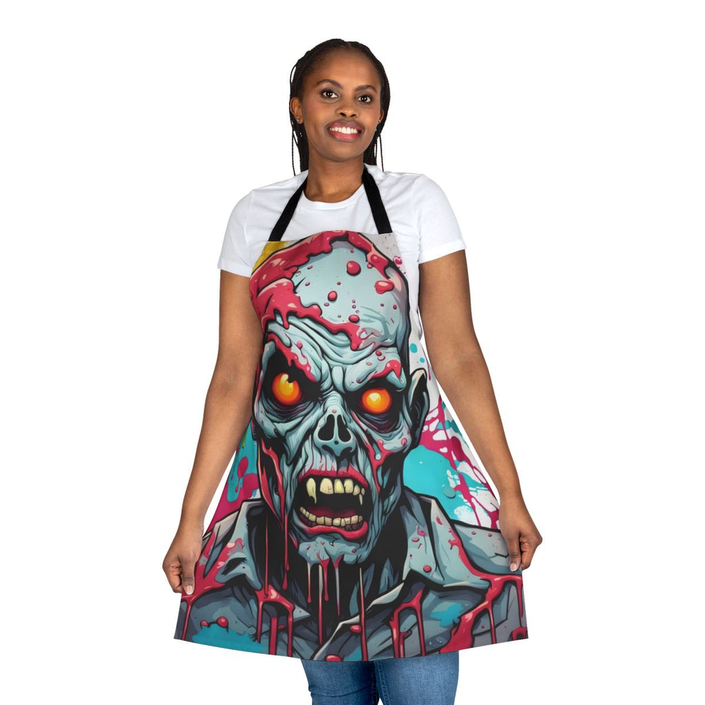 A colorful and creepy zombie-themed apron with a dripping paint effect, perfect for the horror enthusiast.