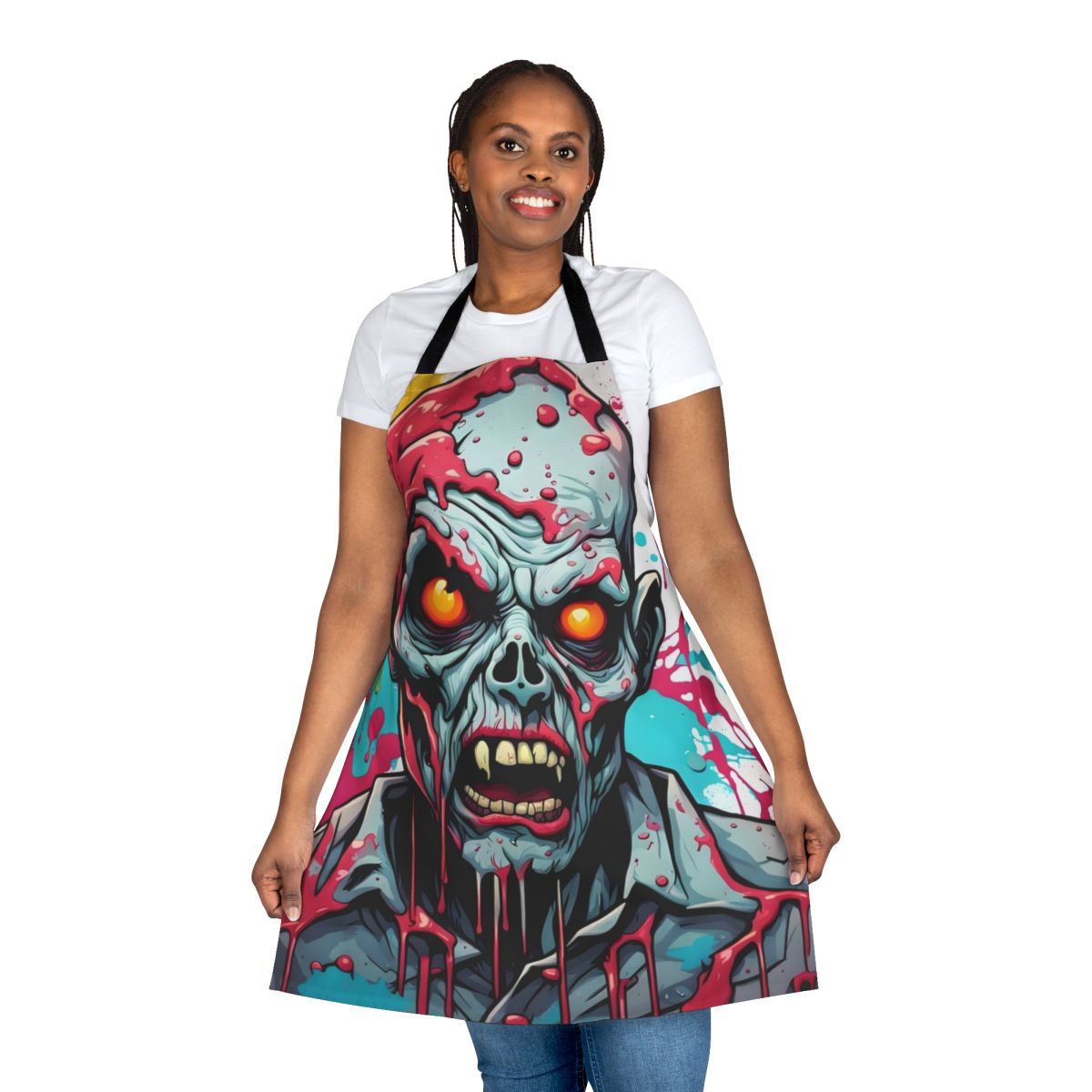 A colorful and creepy zombie-themed apron with a dripping paint effect, perfect for the horror enthusiast.