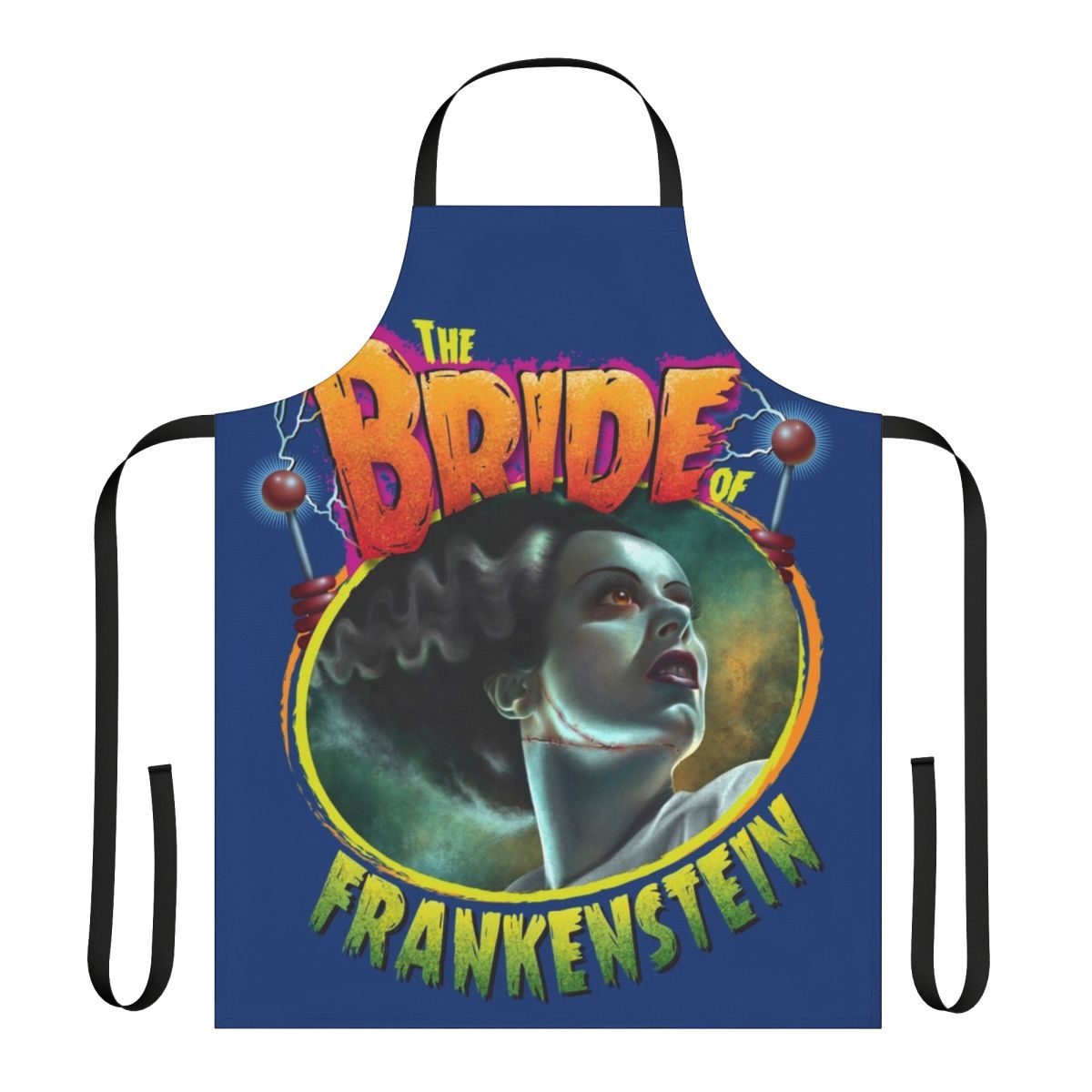 A black and white horror-themed apron inspired by the classic film "The Bride of Frankenstein"