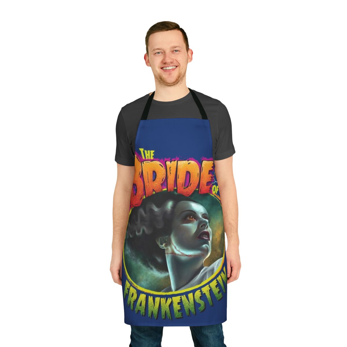 A black and white horror-themed apron inspired by the classic film "The Bride of Frankenstein"