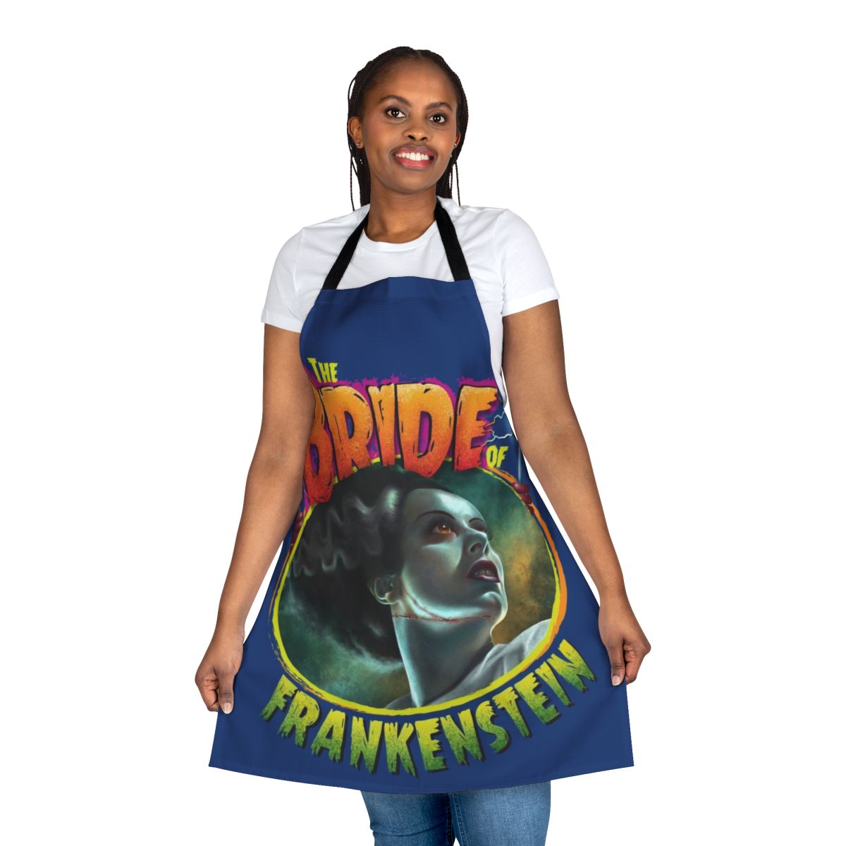 A black and white horror-themed apron inspired by the classic film "The Bride of Frankenstein"