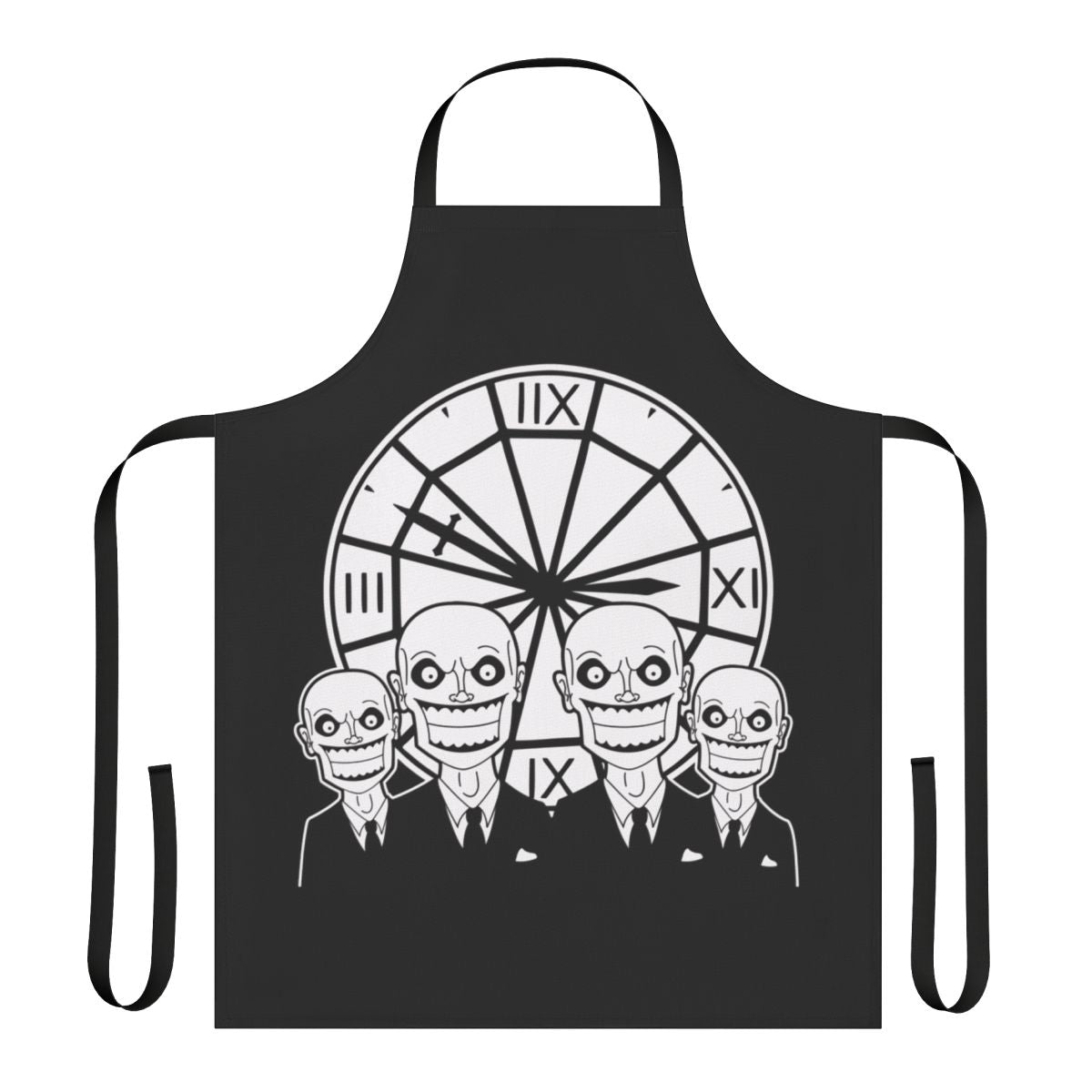 An apron featuring a graphic design inspired by the Gentlemen from the Buffy the Vampire Slayer episode "Hush"