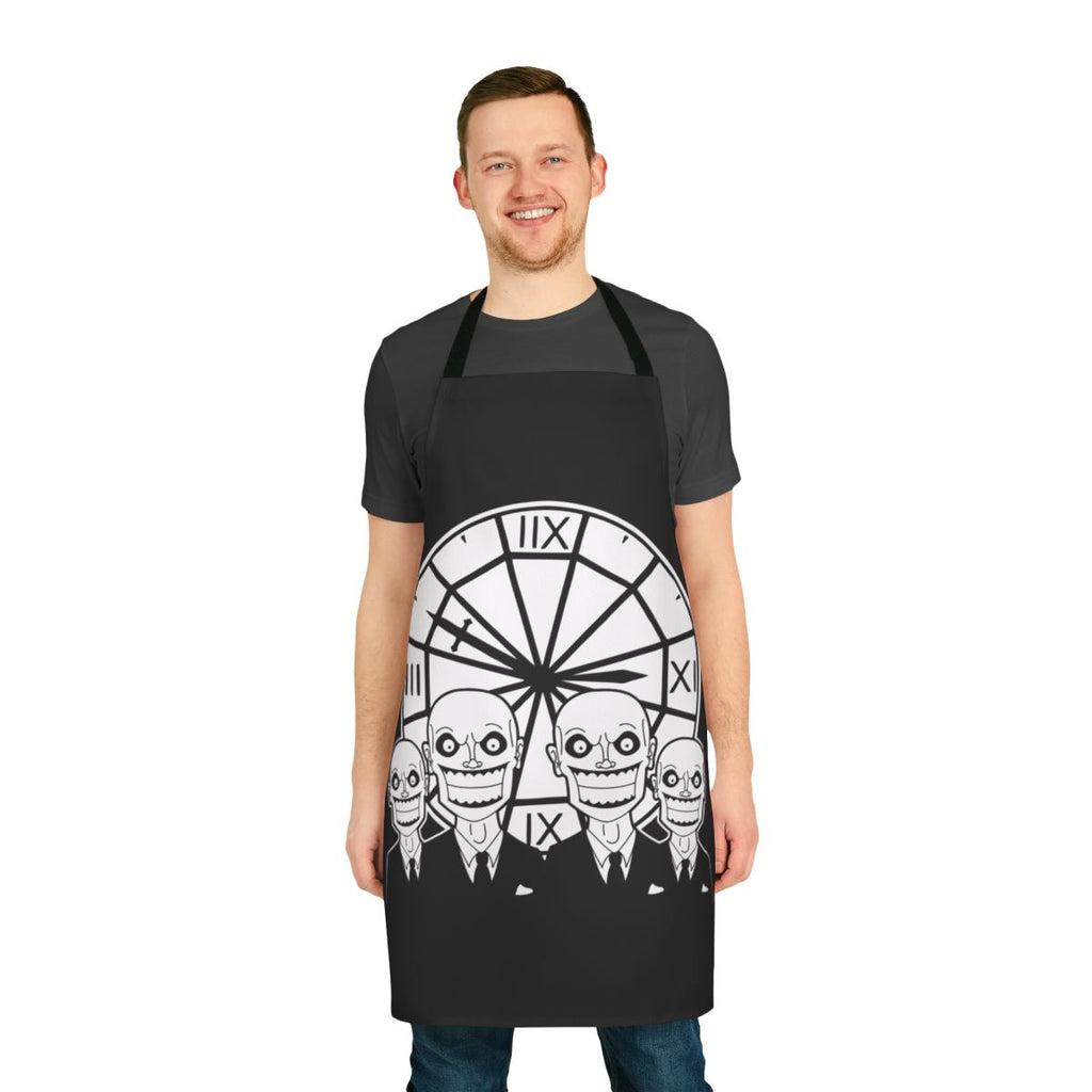 An apron featuring a graphic design inspired by the Gentlemen from the Buffy the Vampire Slayer episode "Hush"
