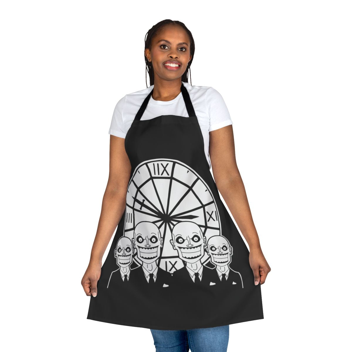 An apron featuring a graphic design inspired by the Gentlemen from the Buffy the Vampire Slayer episode "Hush"
