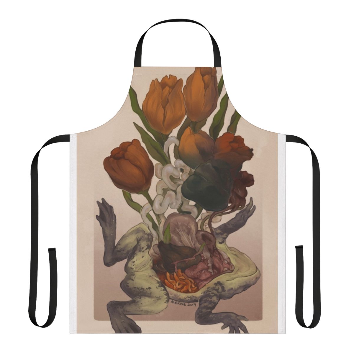 Frog dissection apron featuring scientific illustrations and anatomical details